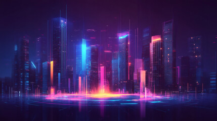 Poster - The emergence of a futuristic smart city at night, depicted by radiant skyscrapers on a vibrant digital platform