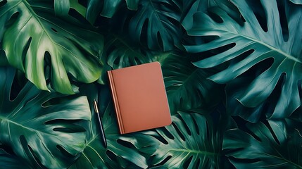 Wall Mural - Tropical Leaves Surround a Brown Notebook and Pen