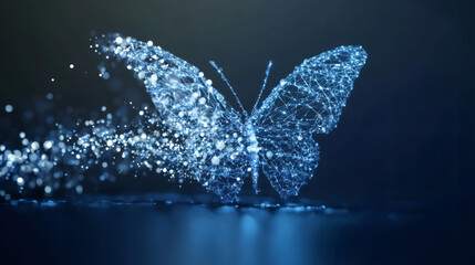 Poster - Digital butterfly made of particles and network connections spreading light particles in abstract form