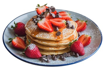 Wall Mural - fresh strawberry pancakes with berries and chocolate, isolated on a white background