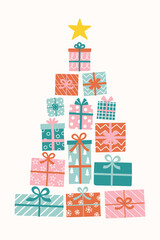 Wall Mural - christmas tree decorated with gift boxes in cartoon style. background design. vector illustration