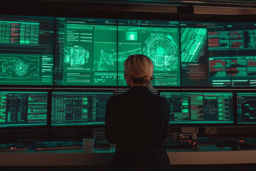 Wall Mural - a female it professional with their back to the viewer observing the large amount of computer monito