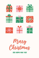 Wall Mural - christmas poster in cartoon style. greeting card decorated with gift boxes. vector illustration