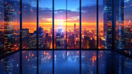 Fototapete - Breathtaking panoramic view from a modern office space with large windows showcasing a vibrant cityscape at sunset