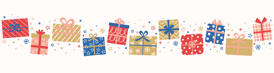Wall Mural - Christmas banner in cartoon style. Layout design decorated with gift boxes. Vector illustration
