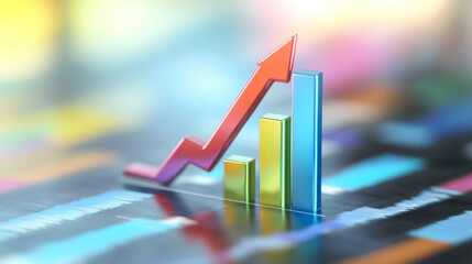 Poster - Vibrant bar graph with an upward-trending red arrow, symbolizing strong financial growth and market success