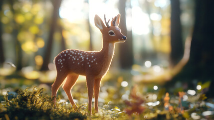 Poster - Tiny fawn figurine in the woods basking in the warm glow of sunset, evoking a sense of wonder and enchantment