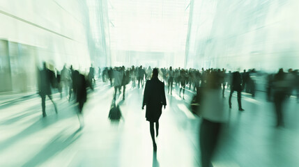 Poster - Businesswoman walking away from a blurred crowd of professionals in a modern office building, embodying success and leadership in a busy environment