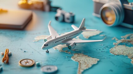 Poster - Airplane Icon: A miniature airplane model placed on a vintage world map, surrounded by travel accessories like a passport, compass, and camera, evoking a sense of wanderlust.
