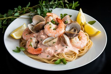 Wall Mural - A photo of a white plate with spaghetti topped with a creamy seafood sauce