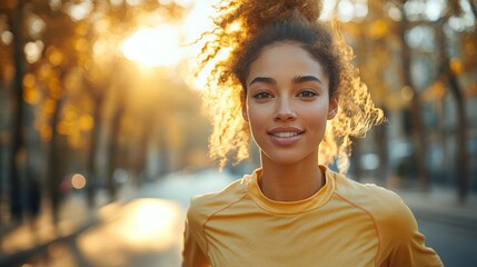 Poster - A woman with curly hair runs along a pathway surrounded by autumn foliage. The sunlight casts a warm glow, highlighting her joyful expression and active lifestyle in the evening.