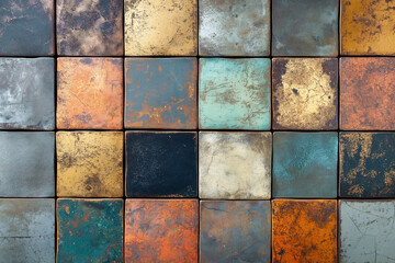 Poster - Unique arrangement of textured metal tiles in various colors and patterns. Generative AI