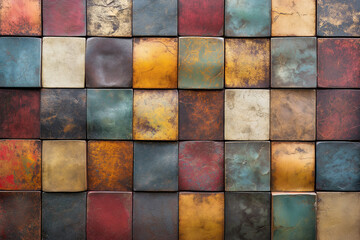 Poster - Colorful textured tiles arranged in a vibrant grid pattern on a wall. Generative AI