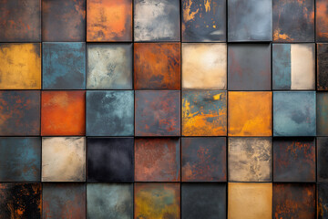Poster - Decorative wall of colored tiles in various shades and textures in warm tones. Generative AI