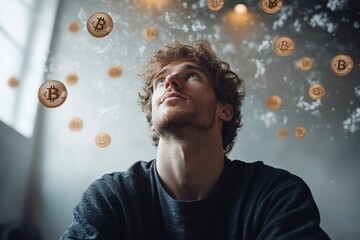 Poster - Floating Bitcoin tokens around a contemplative man, emphasizing technological innovation in finance.