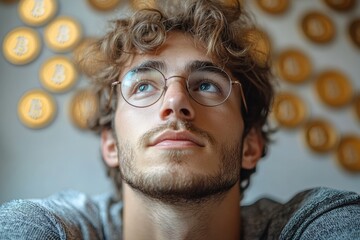 Poster - Floating Bitcoin tokens around a contemplative man, emphasizing technological innovation in finance.
