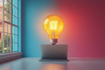 Poster - Floating bulb above a laptop, captured with sleek and modern aesthetics for technology branding.