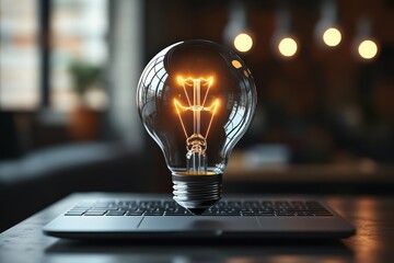 Poster - Floating light bulb on a sleek laptop, symbolizing technology innovation and startup ideas, isolated on a white background.