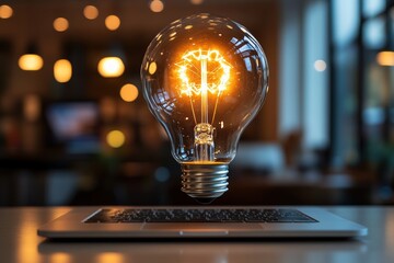 Poster - Floating light bulb on a sleek laptop, symbolizing technology innovation and startup ideas, isolated on a white background.
