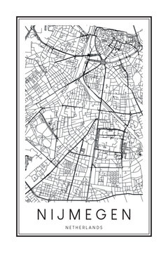 Printable downtown road map poster of the Dutch city of NIJMEGEN on solid white background with city name