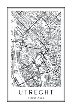 Printable downtown road map poster of the Dutch city of UTRECHT on solid white background with city name