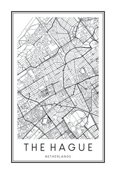 Printable downtown road map poster of the Dutch city of THE HAGUE on solid white background with city name