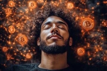 Poster - Futuristic cryptocurrency-themed image featuring a man surrounded by floating Bitcoin and finance symbols.