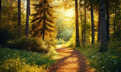 Wall Mural - sunlit forest path surrounded by trees and greenery.