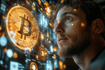 Poster - Futuristic cryptocurrency-themed image featuring a man surrounded by floating Bitcoin and finance symbols.