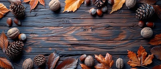 Wall Mural - Colorful fall leaves, nuts, and pine cones, autumn decor on a dark wooden background 