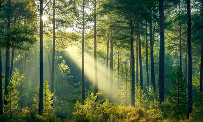 Wall Mural - sunlight filters through trees in a serene forest.