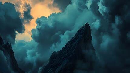 Poster - Dramatic Mountain Peak Surrounded by Dark Ominous Clouds and Soft Glowing Light Evoking a Sense of Mystery and Adventure in a Stunning Natural Landscape