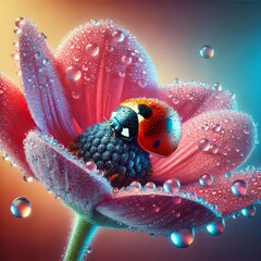 Wall Mural - macro photography, close-up, ladybug on a large beautiful flower, on a bright colored plain background