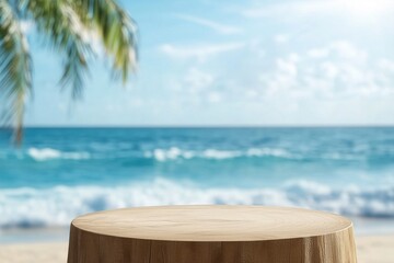 Wall Mural - Empty wooden podium displaying products on beautiful tropical beach with palm tree, ocean, and blue sky providing ideal backdrop for showcasing summer essentials