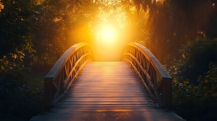 Poster - Serene Wooden Bridge Surrounded by Lush Greenery in a Tranquil Morning Glow with Soft Sunlight Filtering Through Trees in a Peaceful Park Setting