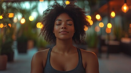 Aufkleber - A woman sits peacefully with her eyes closed, engaging in mindfulness meditation. The outdoor space is illuminated by soft warm lights, creating a serene atmosphere.