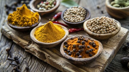 Wall Mural - A selection of Ayurvedic spices. such as turmeric, cumin, and coriander. displayed on a rustic wooden board. highlighting the health benefits of Ayurvedic spices