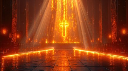 Wall Mural - Fiery cross illuminates a dark church interior.