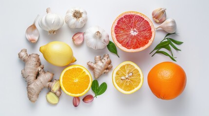 Wall Mural - A selection of immune-boosting foods. such as citrus fruits, garlic, and ginger. displayed on a clean white background. highlighting the benefits of these foods for immunity