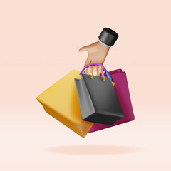 Poster - 3D shopping bag in hand isolated. Render collection realistic gift bag. Sale, discount or clearance concept. Online or retail shopping symbol. Fashion handbag. Vector illustration