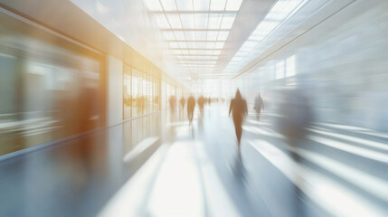 Poster - Business people are walking in a modern office corridor with motion blur effect suggesting speed and dynamism
