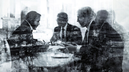 Poster - Corporate leaders in a meeting, discussing contract terms with a stunning city skyline in the background