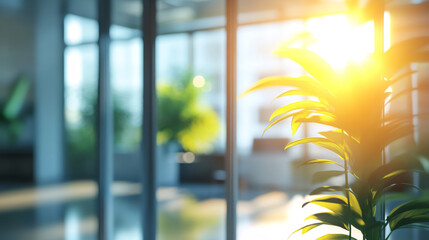 Poster - Sunlight brightens a green plant in a contemporary office setting, fostering an inviting and efficient environment