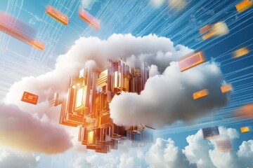 Poster - Digital cloud computing concept with interconnected data storage and vibrant cloud formations