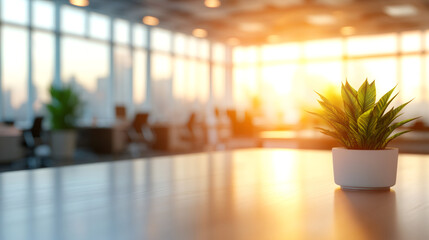Aufkleber - Potted plant on a desk in a quiet office at sunset, exuding a calm and tranquil ambiance