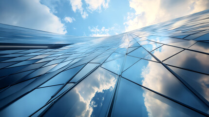 Canvas Print - Modern glass skyscraper reflecting clouds from a low angle on a sunny day, evoking a feeling of height and contemporary design