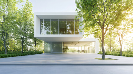 Fototapete - Modern glass office building with large windows surrounded by green trees and bushes, showcasing sustainable and eco-friendly architecture