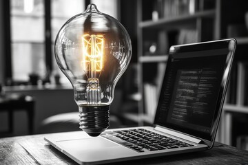 Poster - Light bulb hovering above a modern laptop, representing creativity and business innovation, captured with dynamic lighting.