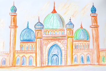 mosque, illustration, architecture, religion, design, minaret, landmark, building, travel, heritage, india, spirituality, dome, sky, vector, asia, culture, historical building, crescent moon, artwork,