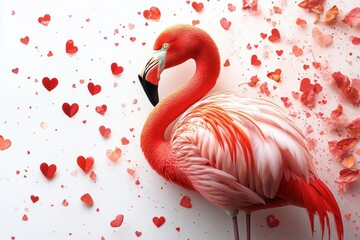 Poster - Minimalist flamingo Valentine design featuring subtle heart-shaped leaves, ideal for modern campaigns.